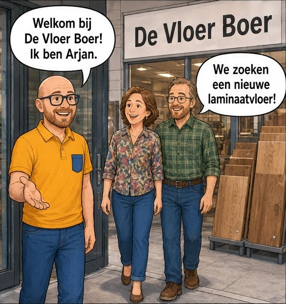 Arjan in een geel-oranje polo verwelkomt een stel voor de winkel De Vloer Boer. Arjan zegt: Welkom bij De Vloer Boer! Ik ben Arjan. Het stel zegt: We zoeken een nieuwe laminaatvloer!