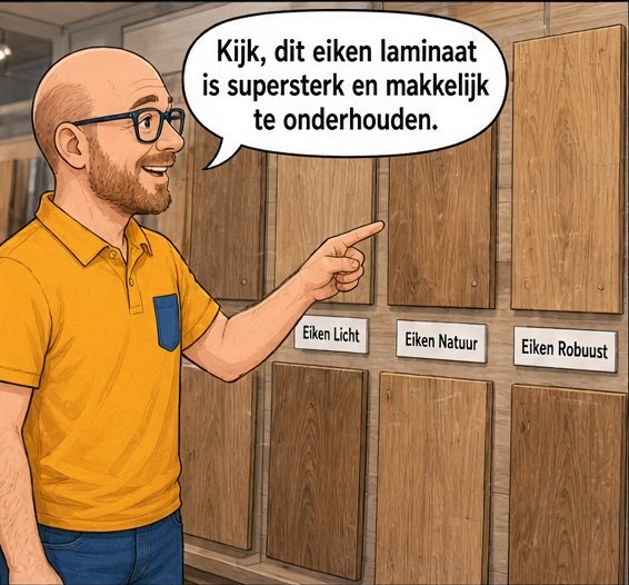 Arjan wijst op eiken laminaatstalen met de labels Eiken Licht, Eiken Natuur en Eiken Robuust. Arjan zegt: Kijk, dit eiken laminaat is supersterk en makkelijk te onderhouden.