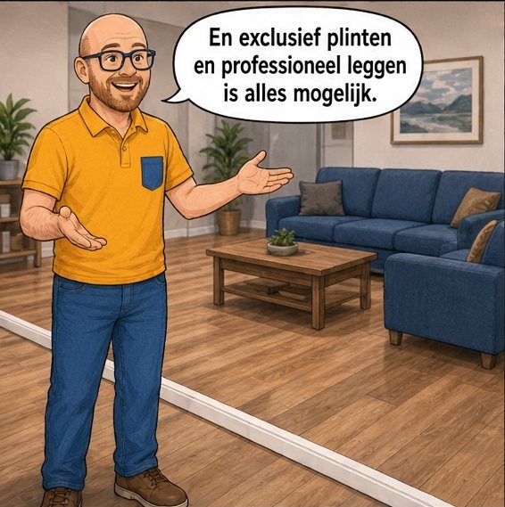 Arjan staat in een woonkamer met een blauwe bank en een houten vloer en wijst naar de plint. Arjan zegt: En exclusief plinten en professioneel leggen is alles mogelijk.
