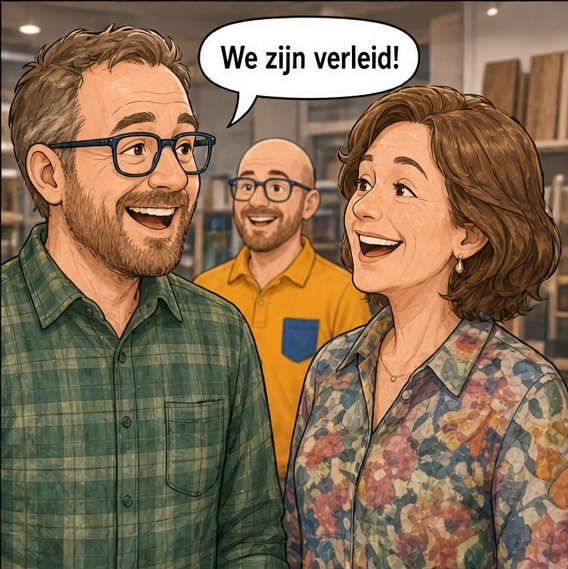 Het stel lacht op de voorgrond, Arjan staat erachter. De man zegt: We zijn verleid!