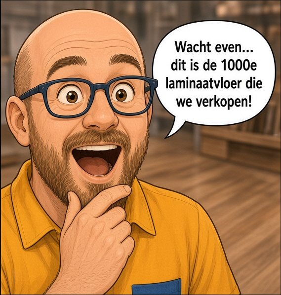 Close-up van Arjan, verrast, met de hand aan zijn kin. Arjan zegt: Wacht even... dit is de 1000e laminaatvloer die we verkopen!