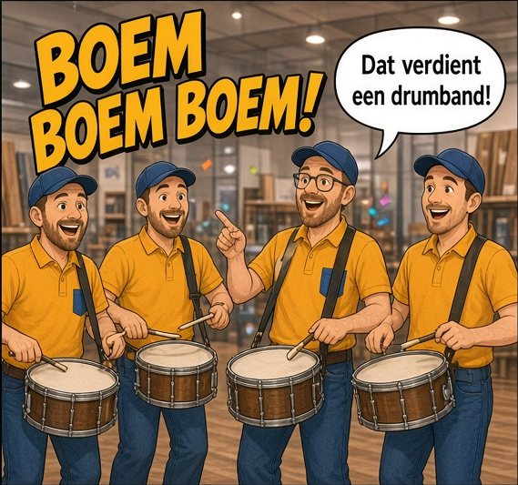 Vier mannen in gele polo’s en blauwe petten spelen trom. Grote letters: BOEM BOEM BOEM! Arjan zegt: Dat verdient een drumband!
