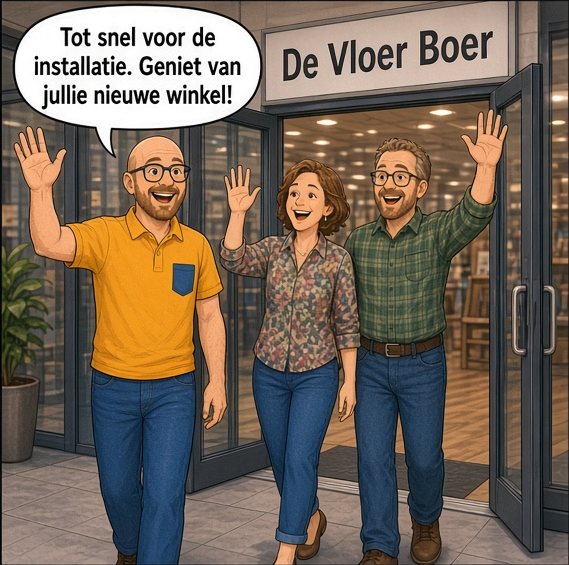 Arjan, de vrouw en de man zwaaien bij de deur van De Vloer Boer. Arjan zegt: Tot snel voor de installatie. Geniet van jullie nieuwe winkel!