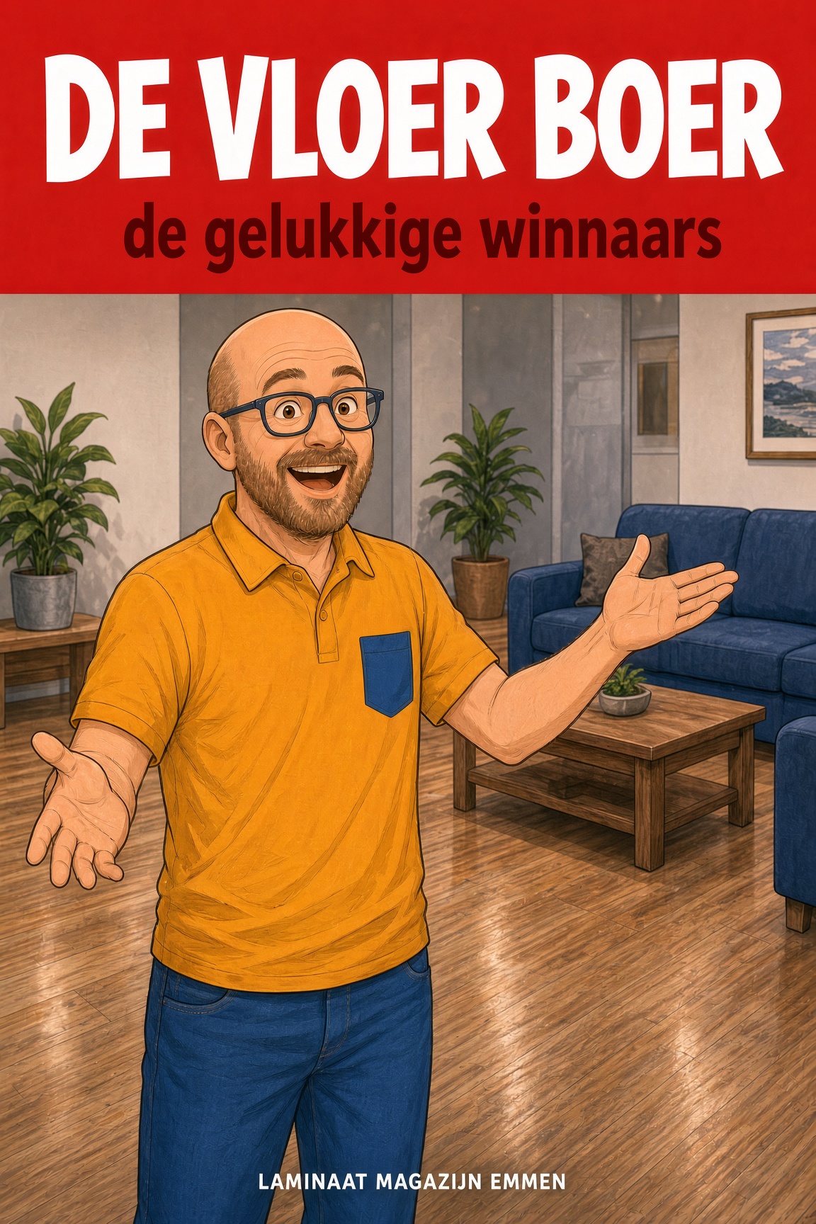 Voorblad van De Vloer Boer, de gelukkige winnaars. Arjan, kaal met baard en blauwe bril, in een geel-oranje polo, staat met open armen in een woonkamer met een warme houten vloer. Onderaan staat Laminaat Magazijn Emmen.